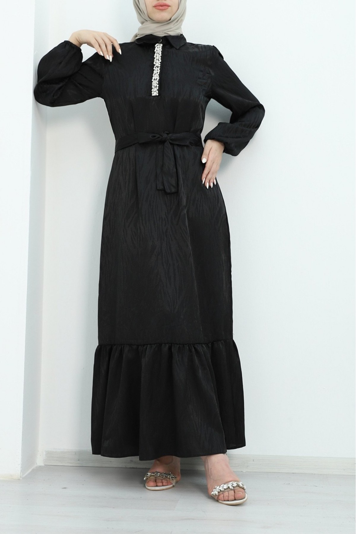 Stone Detailed Dress with Pieced Skirt and Elastic Sleeves -Black