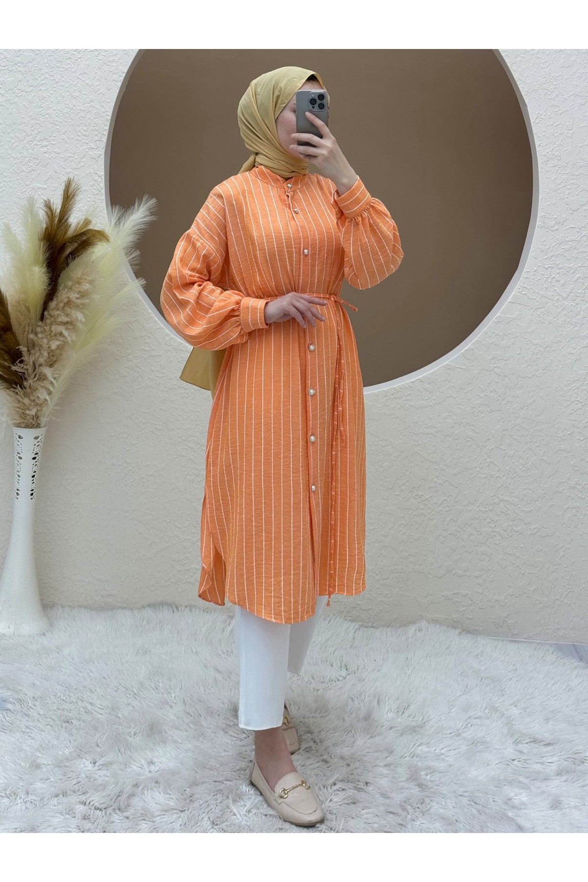 Top Buttoned Laced Striped Long Tunic -Orange