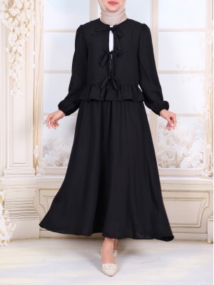 Önü Bağcıklı Kolu Lastikli Etekli Takım -Siyah