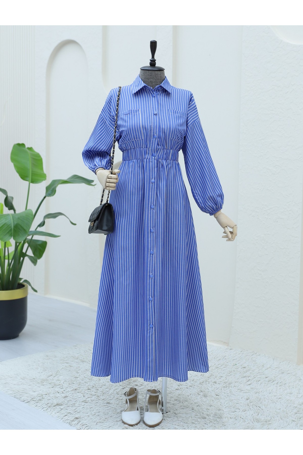 Front Buttoned Striped Dress with Elastic Waist  -Dark blue