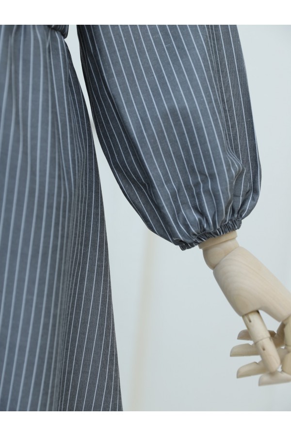 Front Buttoned Striped Dress with Elastic Waist  -Smoked 