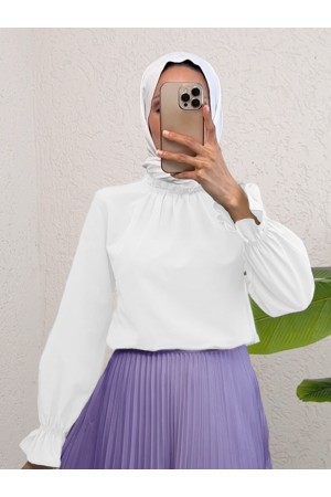 Yakası Büzgülü Bluz  -Beyaz