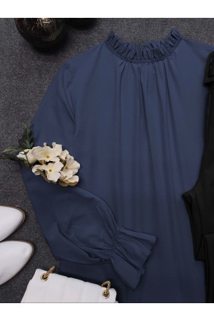 Pleated Collar Blouse     -Navy blue