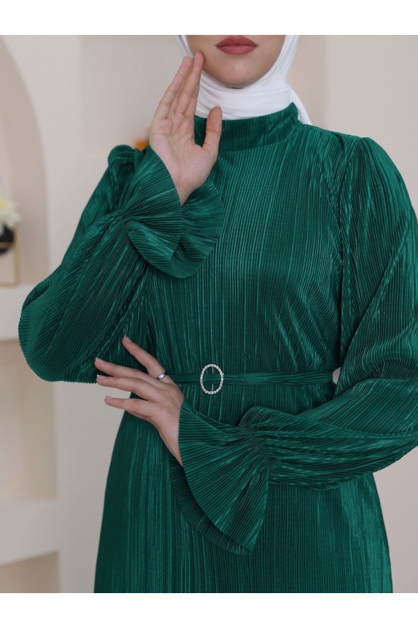 Pleated Satin Dress with Elastic Sleeves, Frilled Stones and Belt -Emerald