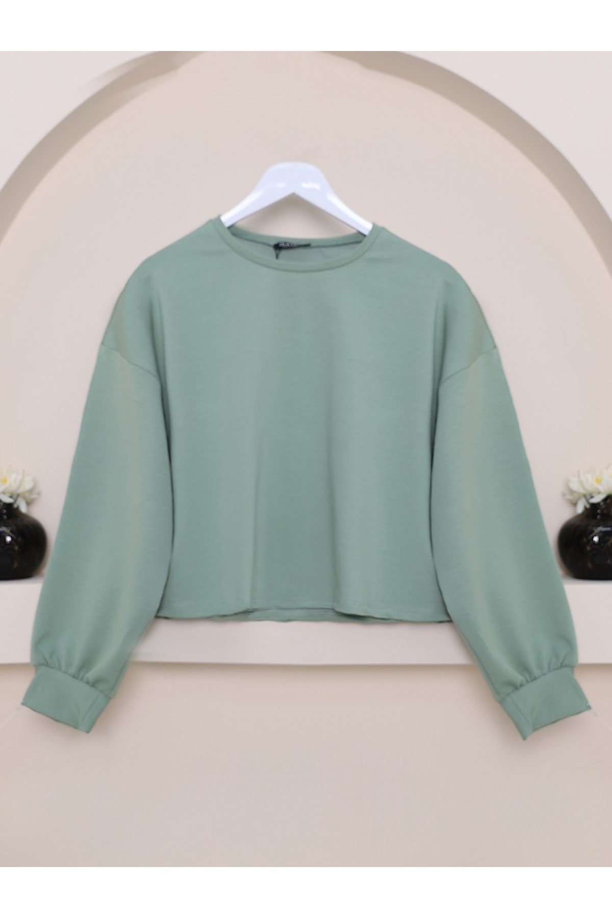 2 İplik Oversize Crop Sweat  -Su Yeşili