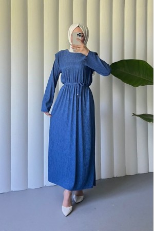 Shoulder Padded Laced Crepe Dress -İndigo