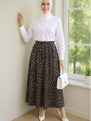 Pliseli Soft Balon Leopar Etek -Siyah