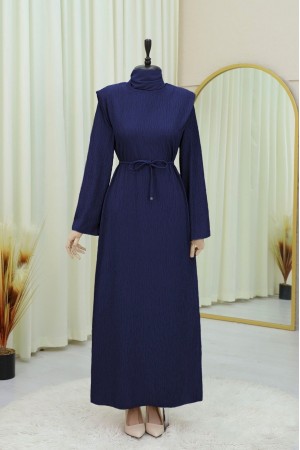 Shoulder Padded Laced Crepe Dress -Navy blue