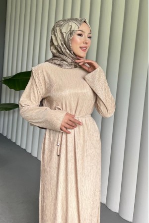 Shoulder Padded Laced Crepe Dress - Beige