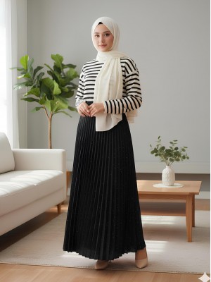 Taşlı Pliseli Etek -Siyah