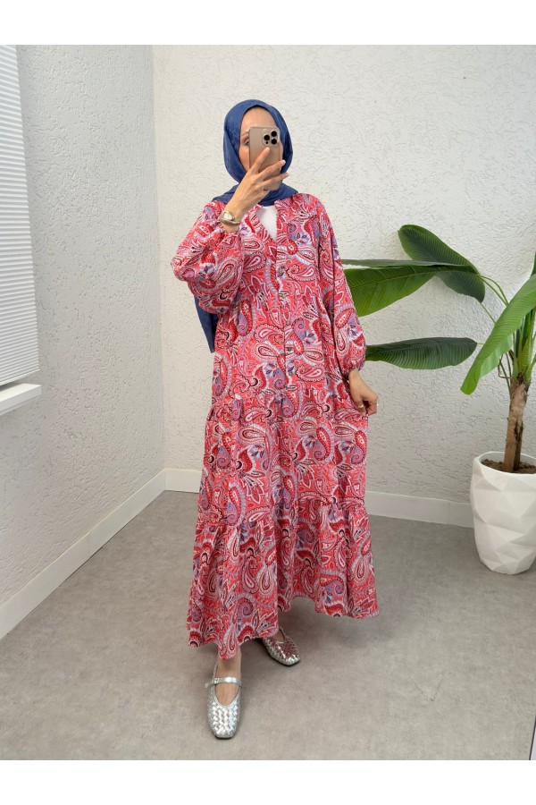 Half Buttoned Mixed Patterned Elastic Sleeve Dress -Garnet Color