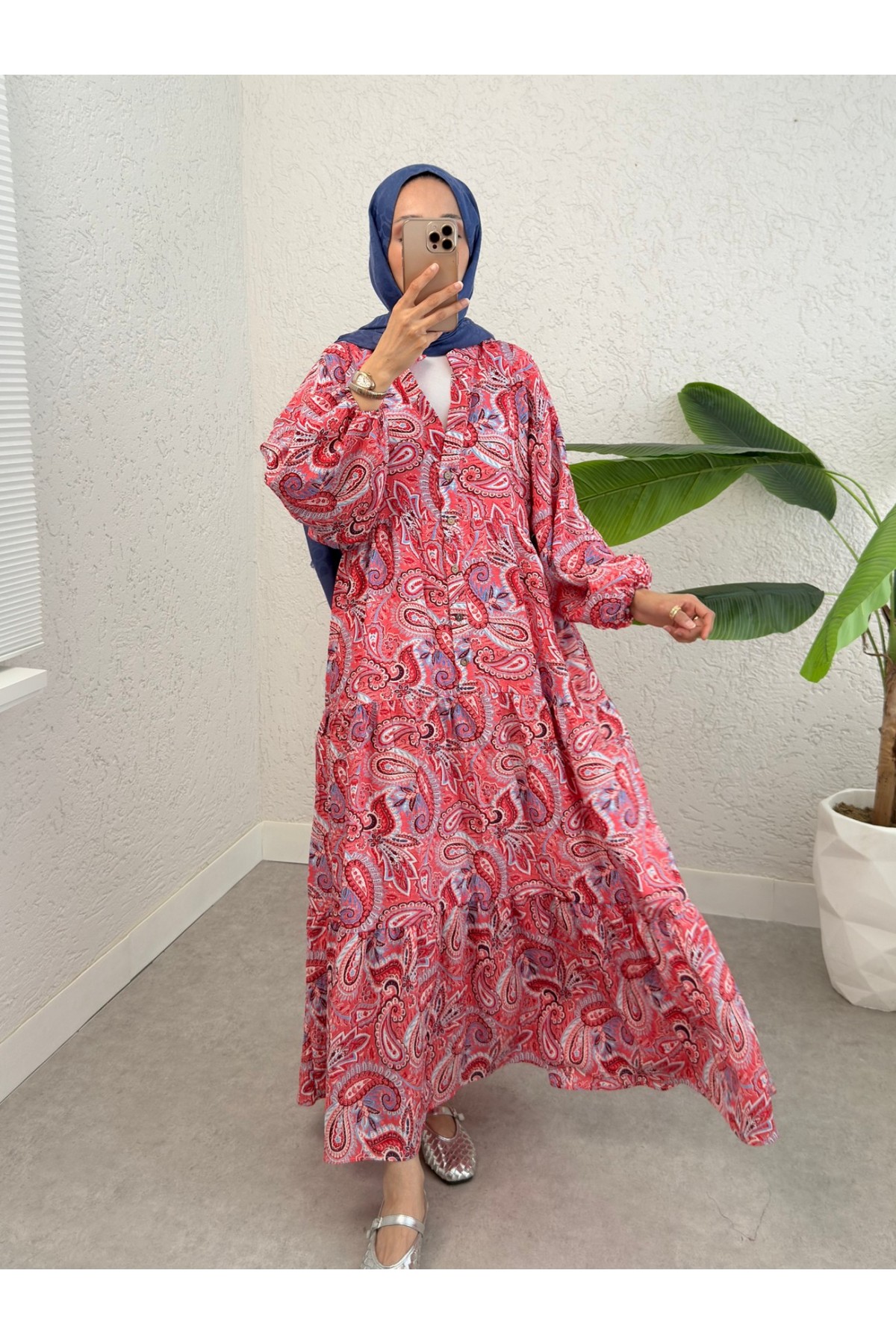 Half Buttoned Mixed Patterned Elastic Sleeve Dress -Garnet Color