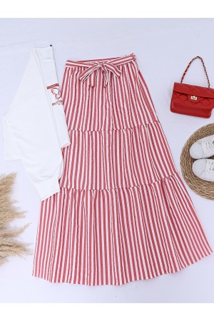 Baskılı Sweet Eteği Çizgili Kuşaklı Takım  -Kırmızı