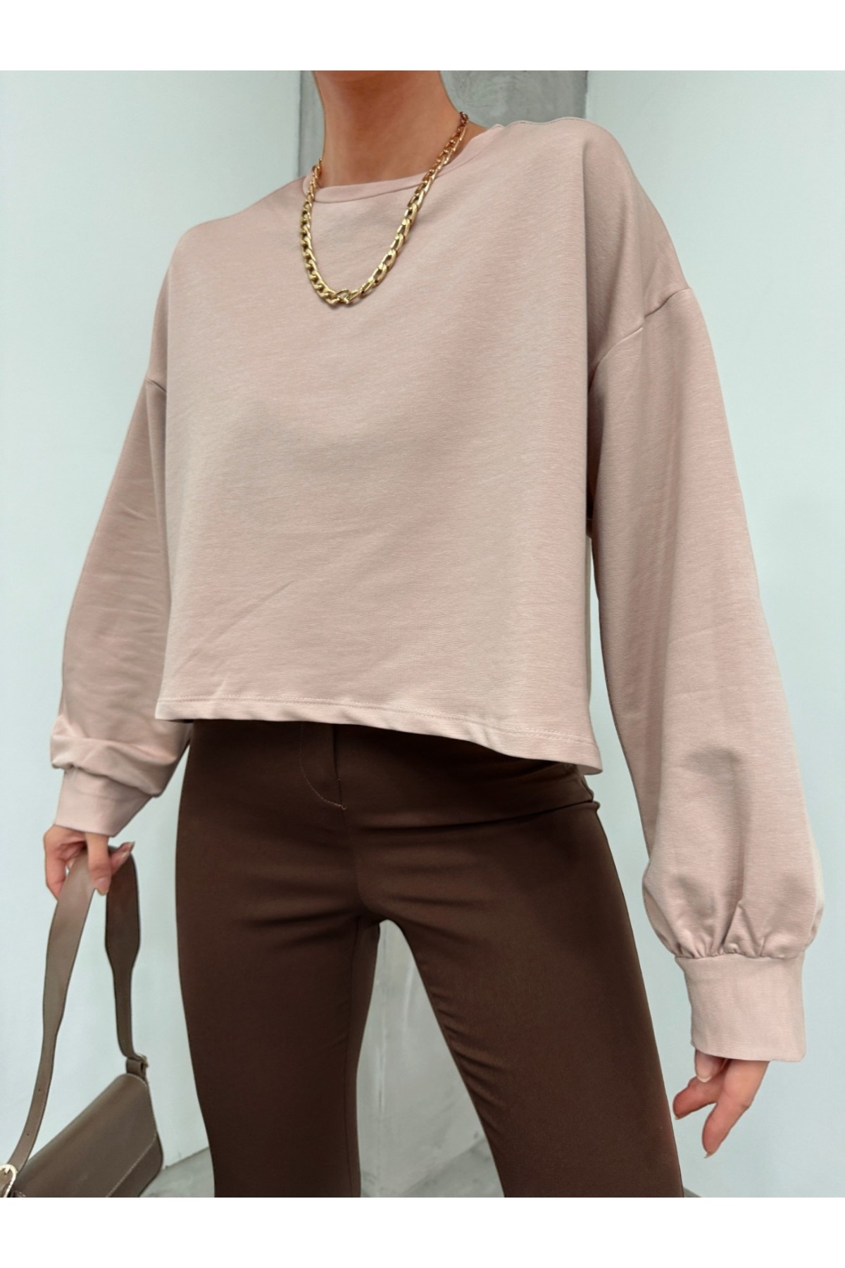 2 İplik Oversize Crop Sweat -Bej