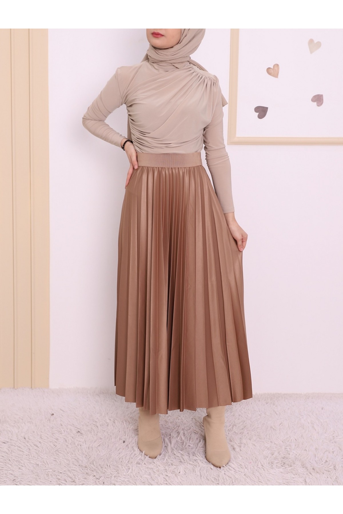 Elastic Waist Pleated Skirt  -Mink color detay görseli