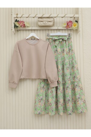 Çiçek Desenli Kemerli İkili Takım -Bej