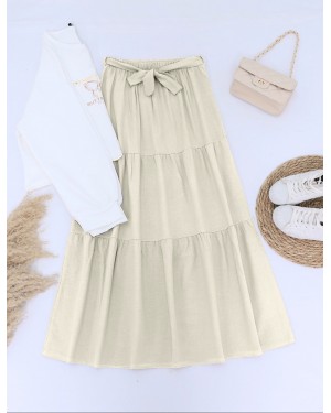 Printed Skirt Part Belted Set  - Beige