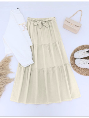 Baskılı Eteği Parçalı Kuşaklı Takım  -Bej