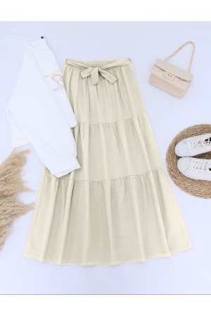 Baskılı Eteği Parçalı Kuşaklı Takım  -Bej