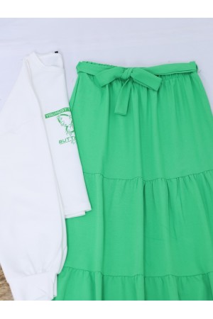 Printed Skirt Part Belted Set -Green
