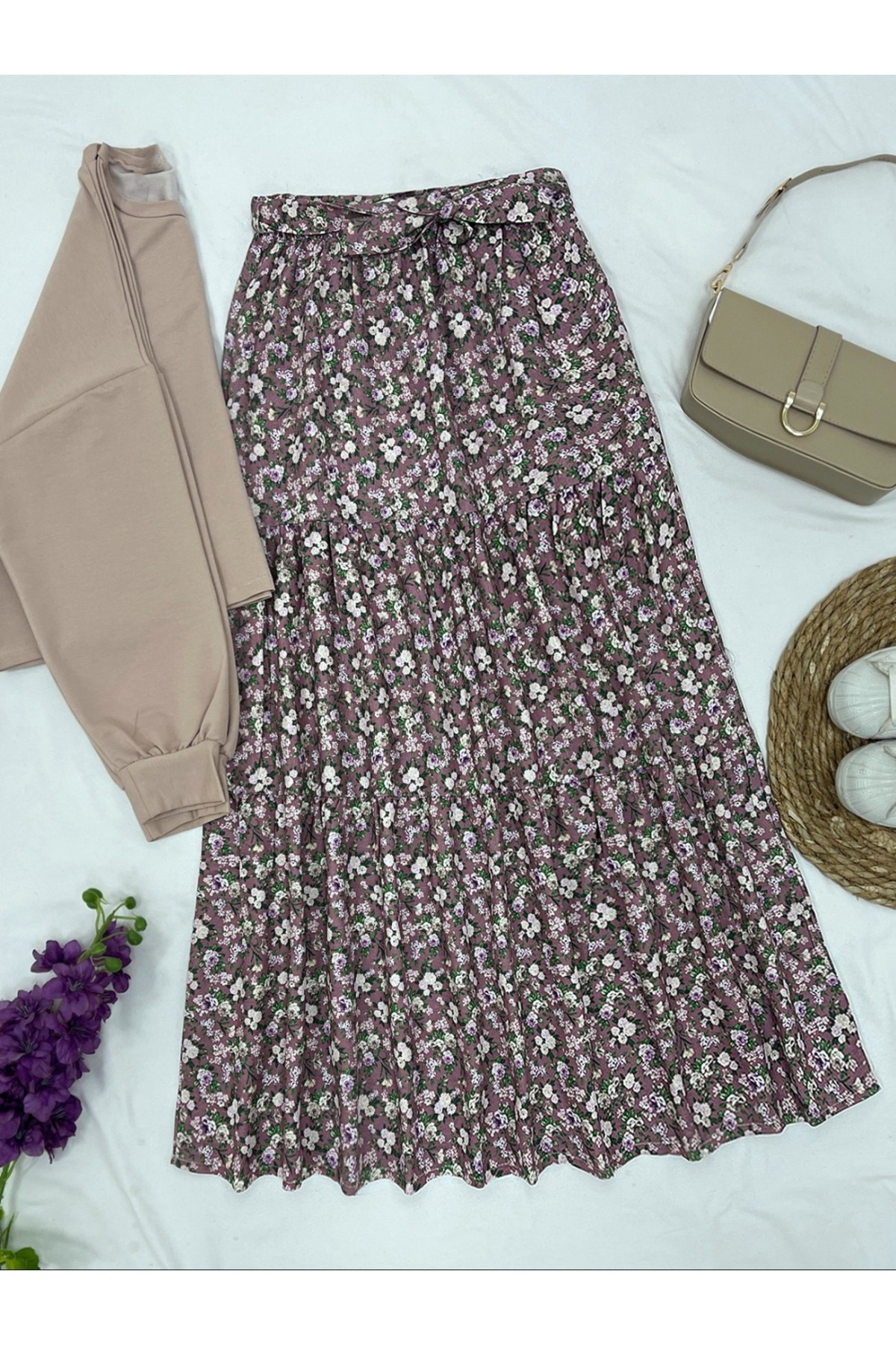Crispy Floral Pattern Belt Pieced Linen Skirt -Dried rose
