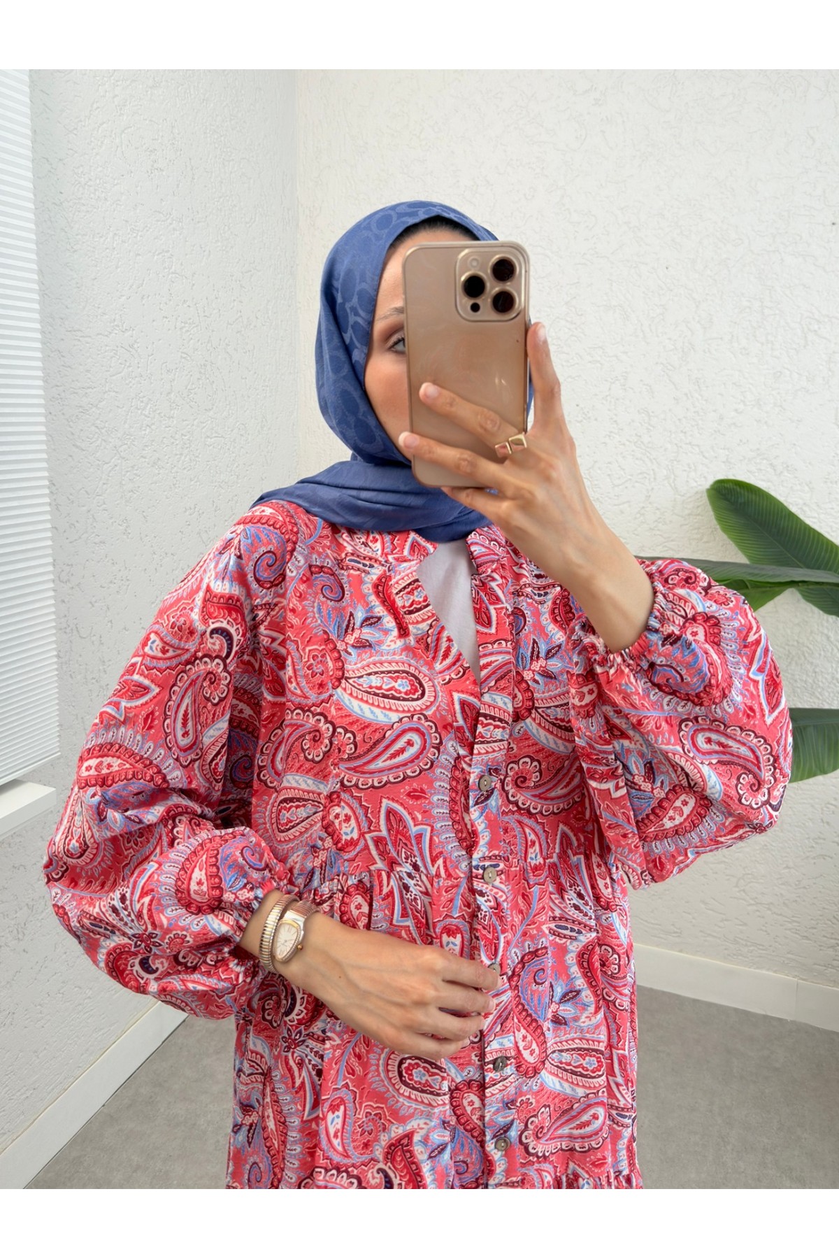 Half Buttoned Mixed Patterned Elastic Sleeve Dress -Garnet Color