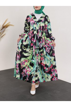 فستان طويل بخصر مطاطي وياقة مفتوحة -أخضر