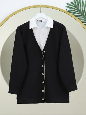 Düğmeli Biyeli Osyho Hırka -Siyah