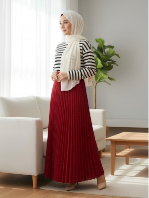 Taşlı Pliseli  Etek  -Kırmızı