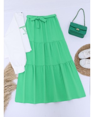 Printed Skirt Part Belted Set -Green