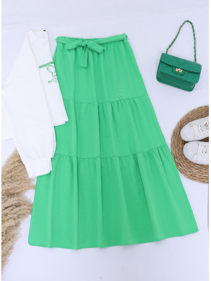 Printed Skirt Part Belted Set -Green