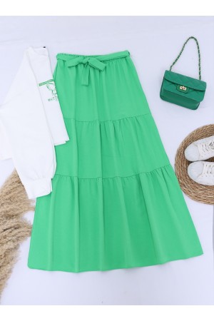 Baskılı Eteği Parçalı Kuşaklı Takım -Yeşil
