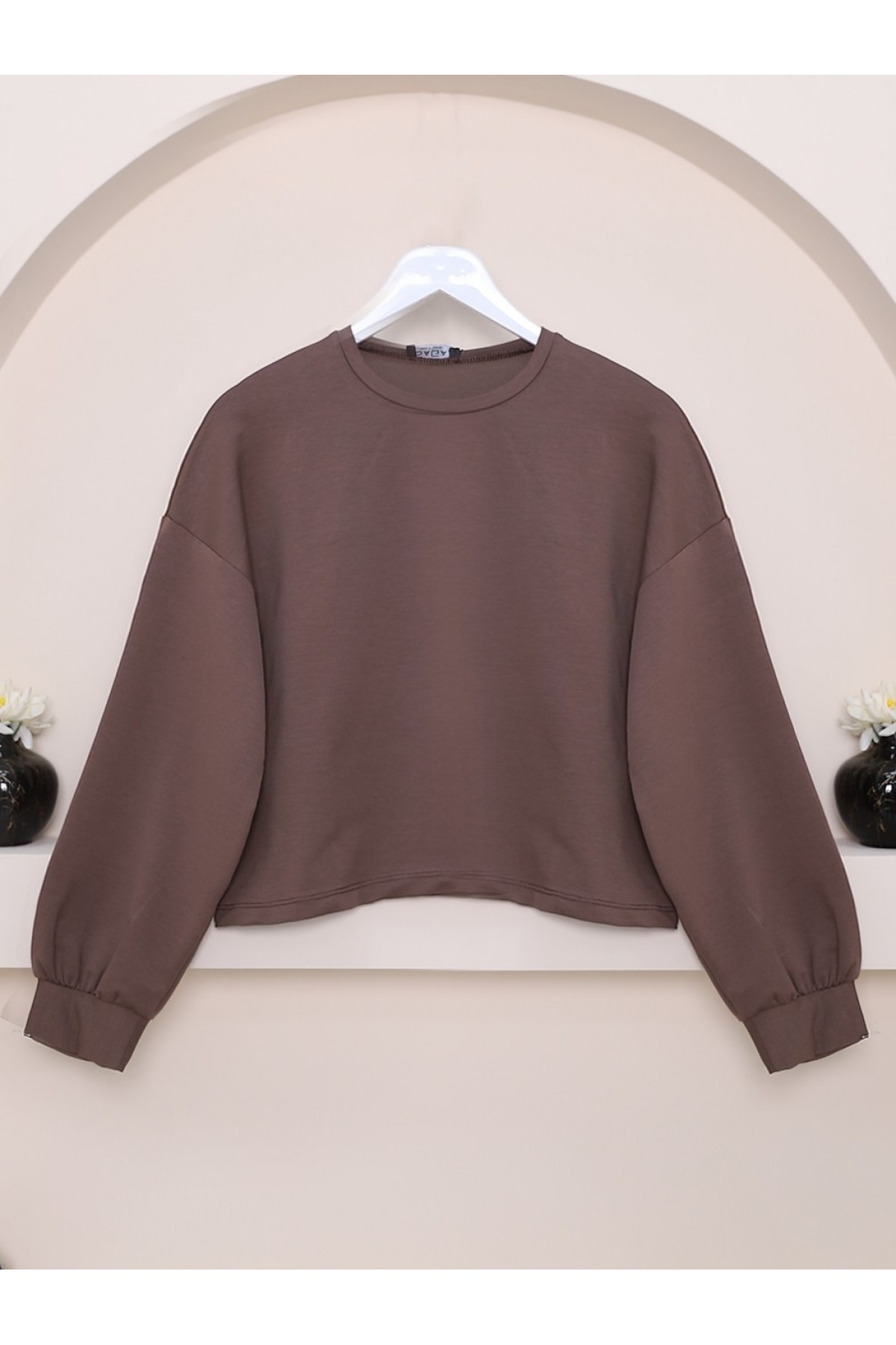 2 İplik Oversize Crop Sweat -Kahve