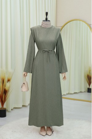 Shoulder Padded Laced Crepe Dress -Cagla Green