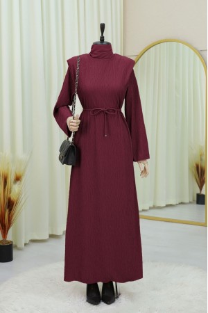 Shoulder Padded Laced Crepe Dress -Maroon