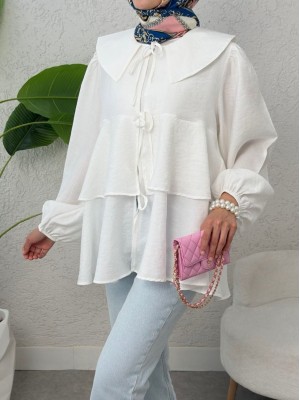 Peter Pan Collar Kimono with Tied Front and Layered Skirt -White