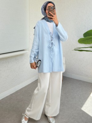 Linen Kimono with Three Laces in Front -Baby Blue