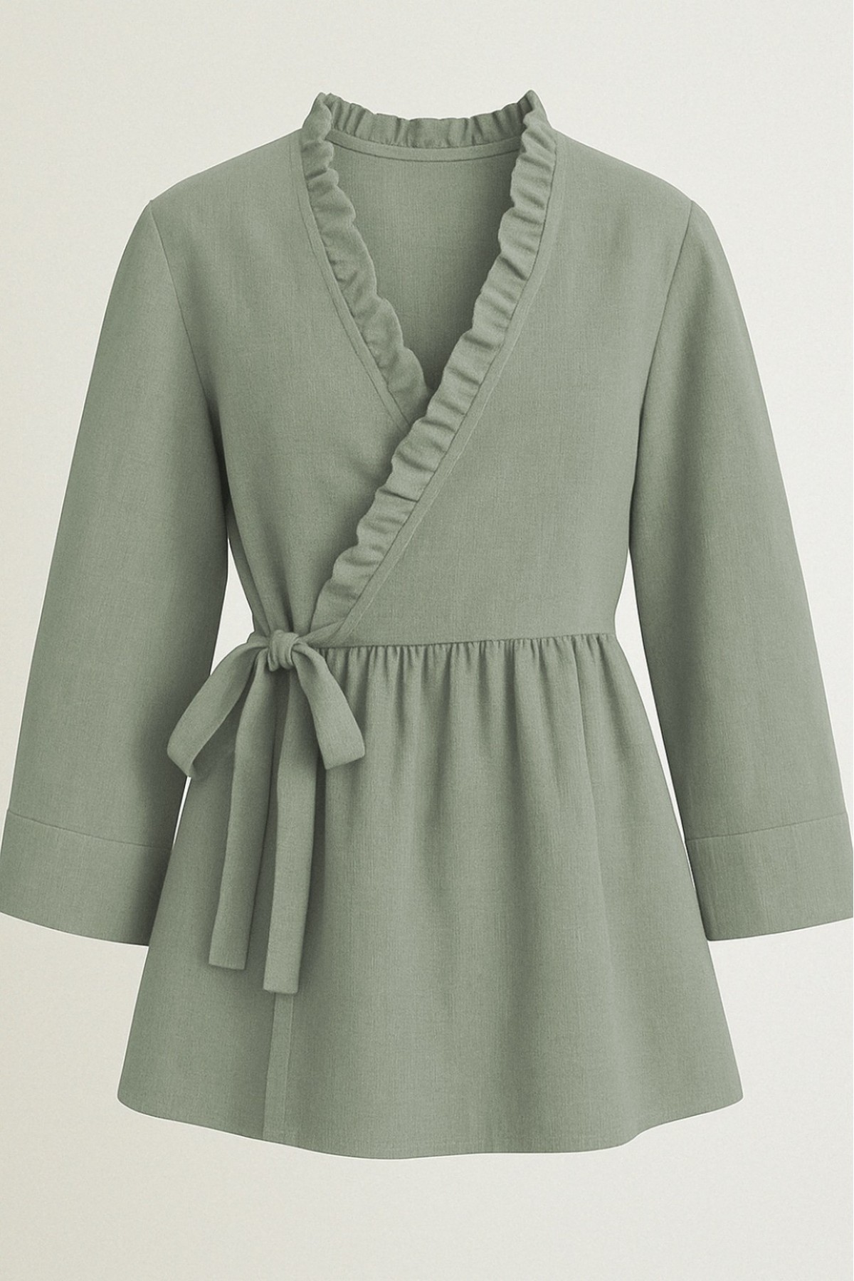 Yakası Fırfırlı Yandan Bağlamalı Keten Görünümlü Kimono  -Mint
