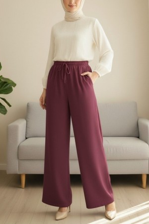 Beli Lastikli Bağcık Detaylı Cepli Bol Paça Tensel Pantolon -Bordo