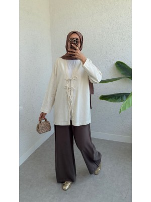 Linen Kimono with Three Laces in Front - Beige