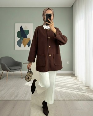Double Pocket Buttoned Front Cashmere Jacket -Brown