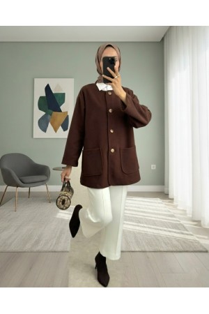 Double Pocket Buttoned Front Cashmere Jacket -Brown