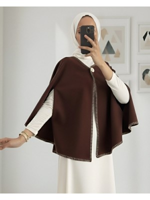 Çoban Dikişli Cepli Kaşe Panço -Kahve