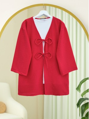 Honeycomb Pattern Kimono with Double Lace Front -Red