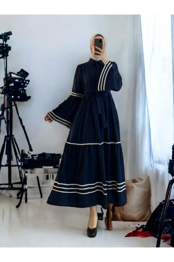 Partial Dress with embroidered sleeves and skirt -Navy blue