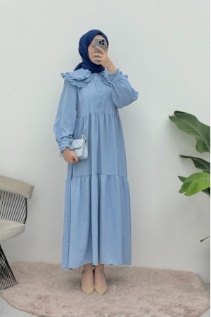 Baby Collar Ruffled Piece Imported Linen Dress  -Baby Blue