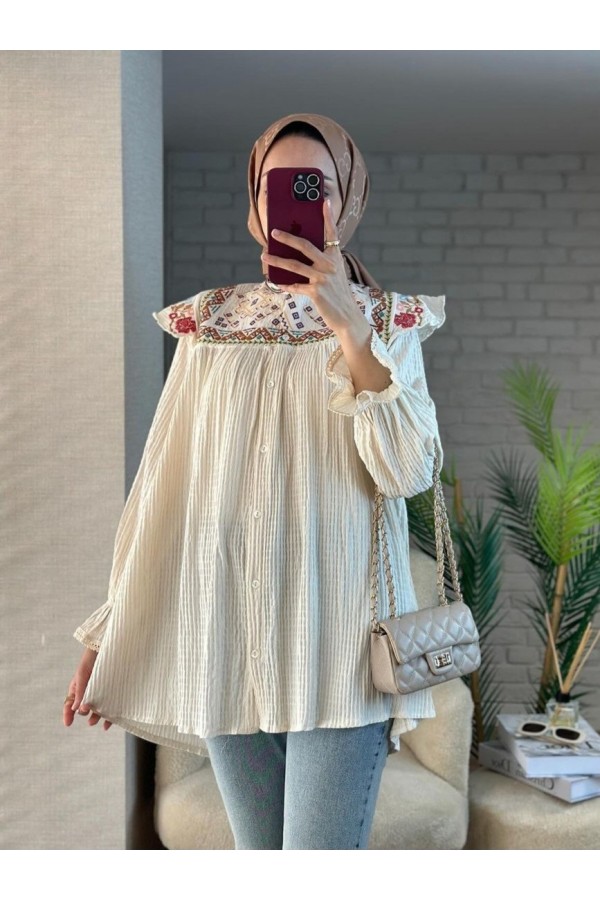 Ethnic Patterned Tunic with Elastic Sleeves - Beige