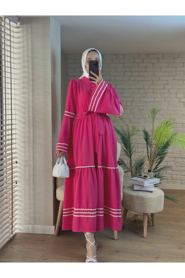 Partial Dress with embroidered sleeves and skirt    -Fuchsia