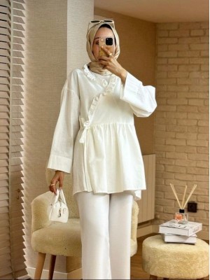 Linen Kimono with Side Tie and Ruffle Collar -Ecru