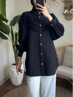 Güpür Püsküllü Ham Cupra Balon Kol Gömlek -Siyah